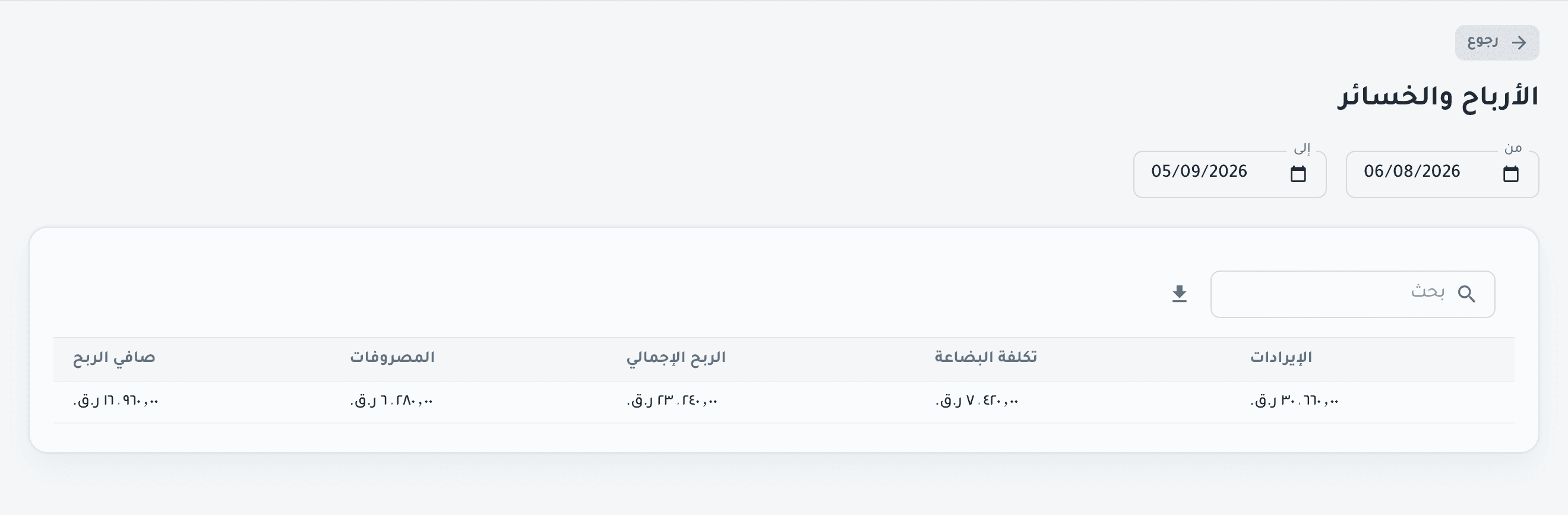 تقرير الأرباح والخسائر في تدوين لفترة كاملة، بالعربية